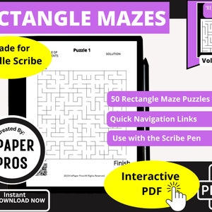 May include: A digital PDF for Kindle Scribe with rectangle maze puzzles. The image shows a black tablet displaying a maze, with text indicating 50 puzzles, quick navigation, and Scribe pen use. Includes "Instant Download Now" and "Interactive PDF" text.
