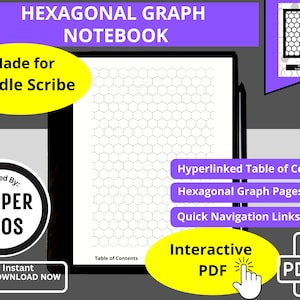 Puede incluir: Una ilustración digital de un cuaderno de gráficos hexagonales para Kindle Scribe. La imagen muestra una página con un patrón de cuadrícula hexagonal, una tabla de contenido y un botón morado que dice "PDF interactivo".