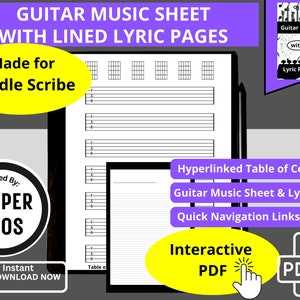 Kindle Scribe Guitar Music Tab Sheet & Lined Lyric Pages, Write Music, Acoustic, Electric, Compose Songs, Interactive Hyperlink PDF Download