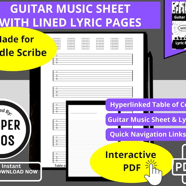 Kindle Scribe Guitar Music Tab Sheet & Lined Lyric Pages, Write Music, Acoustic, Electric, Compose Songs, Interactive Hyperlink PDF Download