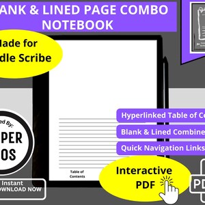 Puede incluir: Un cuaderno digital con una página en blanco y una página con líneas. El cuaderno está diseñado para usarse con Kindle Scribe e incluye una tabla de contenido hipervinculada, páginas combinadas en blanco y con líneas, y enlaces de navegación rápidos. El cuaderno es interactivo y está disponible como PDF.