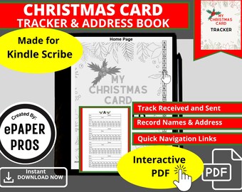 Rubrica di monitoraggio delle cartoline di Natale di Kindle Scribe per registrare i biglietti di auguri ricevuti, inviati e gli indirizzi senza data per un utilizzo fino a 10 anni