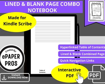 Kindle Scribe 100 metà a righe e metà pagine vuote combinate, disegna, scrivi, fai schizzi, pianifica, storyboard, taccuino PDF con collegamento ipertestuale interattivo