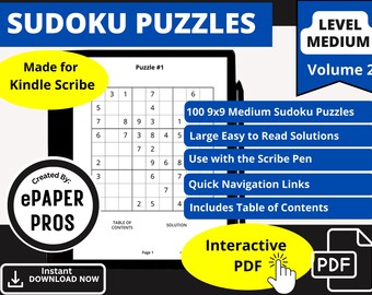 Modello di puzzle Sudoku medio Kindle Scribe Vol 2, download istantaneo e PDF interattivo per tablet eInk ed ePaper