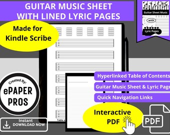 Kindle Scribe Spartiti di musica per chitarra e pagine con testi a righe, Scrivi musica, Acustica, Elettrica, Componi brani, Collegamento ipertestuale interattivo PDF Download