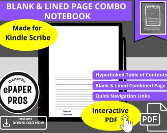 Kindle Scribe 100 metà pagine vuote e metà a righe combinate, disegna, scrivi, fai schizzi, pianifica, storyboard, taccuino PDF con collegamento ipertestuale interattivo