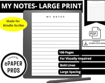 Stampa di grandi dimensioni I miei appunti per Kindle Scribe Modello PDF a download immediato per persone con problemi di vista