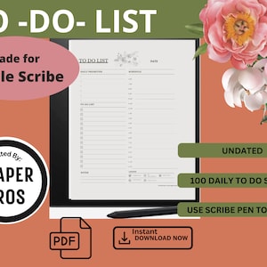 May include: A digital planner with a floral design on the cover. The planner is for use with a Kindle Scribe and includes 100 daily to-do sheets. The text "TO-DO-LIST" is at the top of the planner. The text "UNDATED" is at the bottom of the planner. The text "USE SCRIBE PEN TO FILL IN" is below the text "UNDATED".