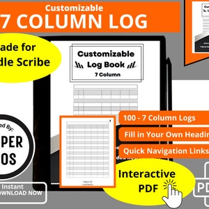 以下が含まれることがあります： Kindle Scribe 用のカスタマイズ可能な 7 カラムログブックのデジタルダウンロード。画像は、ログブックのプレビューが表示された黒いタブレットを示しています。ログブックには、100 個のログ、自分で入力する見出し、およびクイックナビゲーションリンクが含まれています。ログブックはインタラクティブで、PDF 形式です。