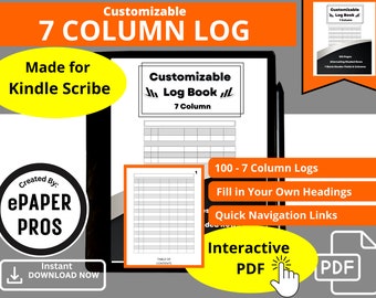 Modello personalizzabile Kindle Scribe a 7 colonne per la creazione di registri per la registrazione di chilometraggio, reddito, spese, donazioni, ordini, ecc.