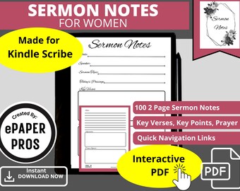 Kindle Scribe Sermon Notes for Women Modello PDF per conservare appunti, richieste di preghiera, punti chiave, versetti chiave della memoria e diario