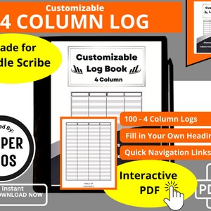 Kindle Scribe 4 Column Customizable Template For Creating Logs for Record Keeping Interactive Hyperlink PDF Notebook
