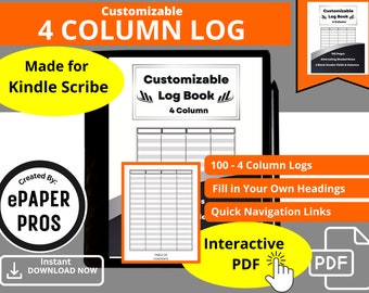 Modello personalizzabile a 4 colonne di Kindle Scribe per la creazione di registri per la conservazione dei registri con collegamenti ipertestuali interattivi in formato PDF