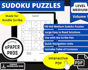 Modello di puzzle Sudoku medio Kindle Scribe, download istantaneo e PDF interattivo per tablet eInk ed ePaper