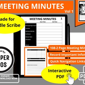 Kindle Scribe Meeting Minutes Template For Taking Notes, Attendance, Record Discussion, Agenda Items, Interactive Hyperlink PDF Notebook