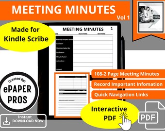 Modello di verbale di riunione Kindle Scribe per prendere appunti, presenze, registrare discussioni, punti dell'ordine del giorno, taccuino PDF con collegamento ipertestuale interattivo