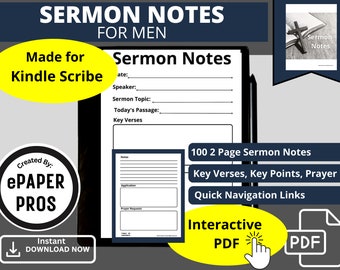 Kindle Scribe Sermon Notes for Men Modello PDF per conservare appunti, richieste di preghiera, punti chiave, versetti chiave della memoria e diario