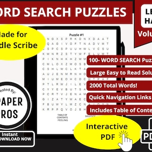 以下が含まれることがあります： 白と赤のグラフィックで、「WORD SEARCH PUZZLES」というテキストが大きな白い文字で書かれています。グラフィックには、「LEVEL HARD」と「Volume 1」というテキストも含まれています。このグラフィックは、読みやすい大きなソリューション、合計2000語、クイックナビゲーションリンク、目次を備えた100語の単語検索パズルブック用です。グラフィックには、「インタラクティブPDF」というテキストと、PDFアイコンを指さす手の画像も含まれています。