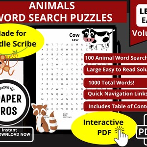 Op de afbeelding: Een rood, wit en zwart digitaal download-omslag voor 100 dier-woordzoekpuzzels. De omslag toont een cartoon-koe, aap en wasbeer. De tekst op de omslag luidt "Animals Word Search Puzzles", "Level Easy", "Volume 1", "Made for Kindle Scribe", "100 Animal Word Search Puzzles", "Large Easy to Read Solutions", "1000 Total Words!", "Quick Navigation Links", "Includes Table of Contents", "Interactive PDF", en "Instant Download Now".
