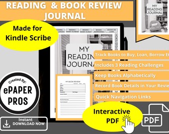 Kindle Scribe Diario di lettura digitale e recensione di libri, Tracker di libri con modelli PDF, Sfide di lettura, Scrivi recensioni di libri, Pianificatore di libri