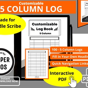 以下が含まれることがあります： Kindle Scribe 用の 5 カラムのカスタマイズ可能なログブック。画像は、100 ページ、自分で記入する見出し、クイックナビゲーションリンクを備えたログブックのデジタルプレビューを示しています。ログブックは、インタラクティブな PDF として入手できます。