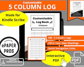 Modello personalizzabile a 5 colonne di Kindle Scribe per la creazione di registri per notebook PDF con collegamento ipertestuale interattivo aziendale o domestico