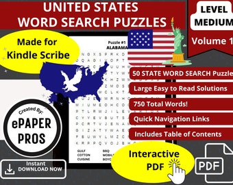 Kindle Scribe Giochi e puzzle Stati Uniti Ricerca di parole PDF interattivo con collegamento ipertestuale Download digitale Vol 1 Livello medio