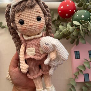 Sleepy Girl Doll, Amigurumi Doll, Handmade Sleepy Doll with Mini Bunny, Pink Pijama Sleepy Doll, Crochet Doll, Personalized Gift, For Kids