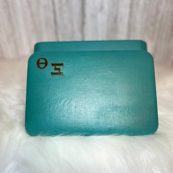 Vintage Jewelry Case/Clutch Style Jewelry Case-Aqua/Turquoise Texol w/ Gold Trim/Velvet Lined -Theta Xi Sorority Jewelry Case-Balfour 1957