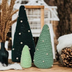 Set of Three Crochet Christmas Trees with Beads | Winter Décor | Green