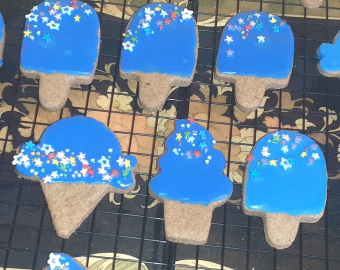 Blue Ice Cream Cone Popsicle Dog Treats Decorated With Rainbow Sprinkles Large Treats P.B. Pumpkin Flavored Cookies For Dogs