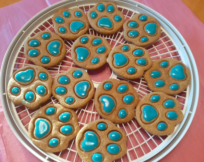 Handmade Large Dog Paw Cookies Dehydrated Dog Treats Frosted Teal Blue