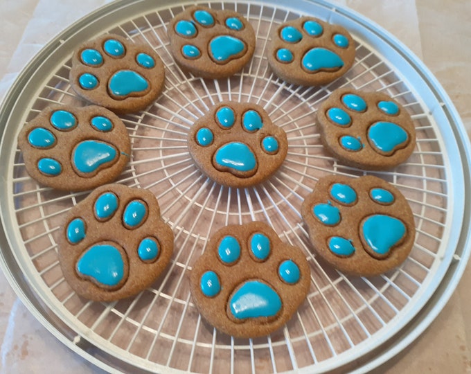 Handmade Large Dog Paw Cookies Dehydrated Dog Treats Frosted Sky Blue