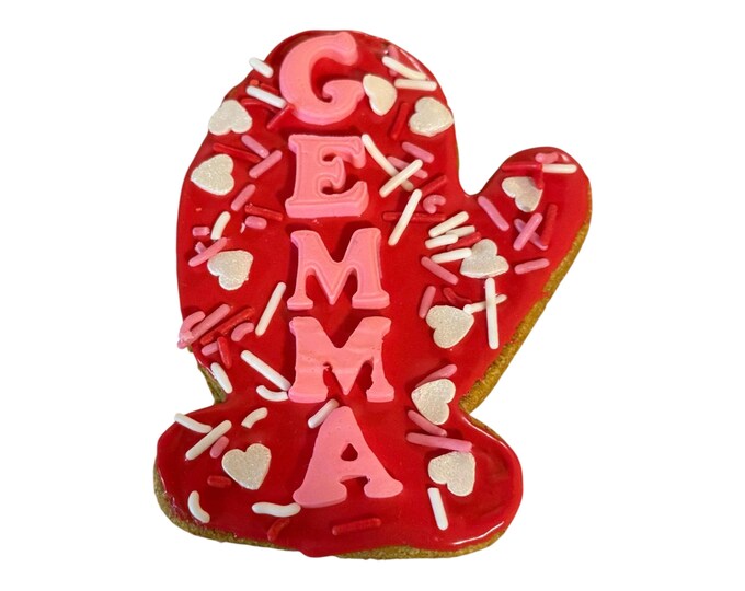 Personalized Dog Name Cookies Handmade Valentine's Dog Treats Large Winter Mitten Biscuits Custom Decorated Dog Snacks Pet Bakery Treat