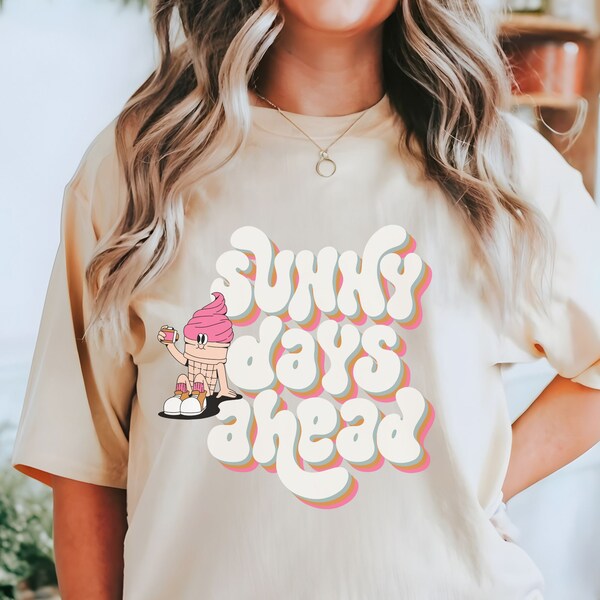 Sunny Days Ahead Ice Cream Cone Graphic T-Shirt, Retro Style Summer Top, Fun and Colorful Shirt Design