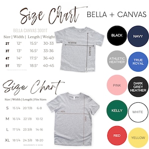 May include: Size chart for Bella + Canvas 3001T t-shirts, showing measurements in inches for sizes 2T to 5T and S to XL. The chart includes a colour guide with options like black, navy, athletic heather, true royal, pink, dark grey heather, kelly, white, red, and yellow.