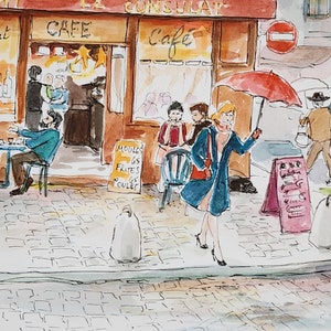 Montmartre Café Le Consulat Parigi Giorno di pioggia Francia Originale Acquerello Dipinto 9"x12" Europa Street Scene Decorazione murale