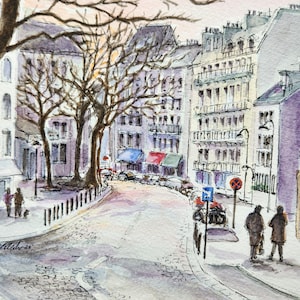Paris Montmartre Street Scene Parisian Sunset Original Watercolor Painting 9"x12" Europe Cityscape Wall Decor France Wall Art French Decor