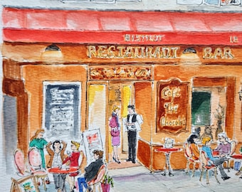 Paris Cafe Watercolor Painting: France Le Mouffetard Cafe Original Exterior Street Scene 9"x12"