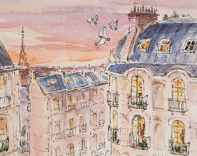 Paris Watercolor Print | Eiffel Tower & Rooftops Wall Art | Paris Sunset Painting | Romantic Parisian Decor | Travel-Inspired Gift 9.75x12.5