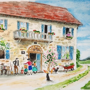 French Countryside Villa Watercolor – 9x12 Original Painting of Peaceful French Farm Life and Rustic Country Home Landscape Wall Art Decor