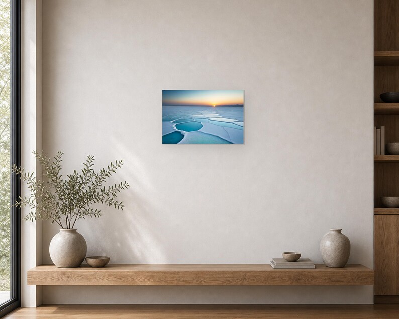 Frozen Salt Flats at Sunset - Canvas Wall Art shown as canvas wall art in a minimal shelf mockup
