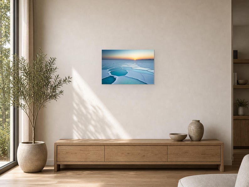 Frozen Salt Flats at Sunset - Canvas Wall Art shown as canvas wall art in a oak console living room mockup