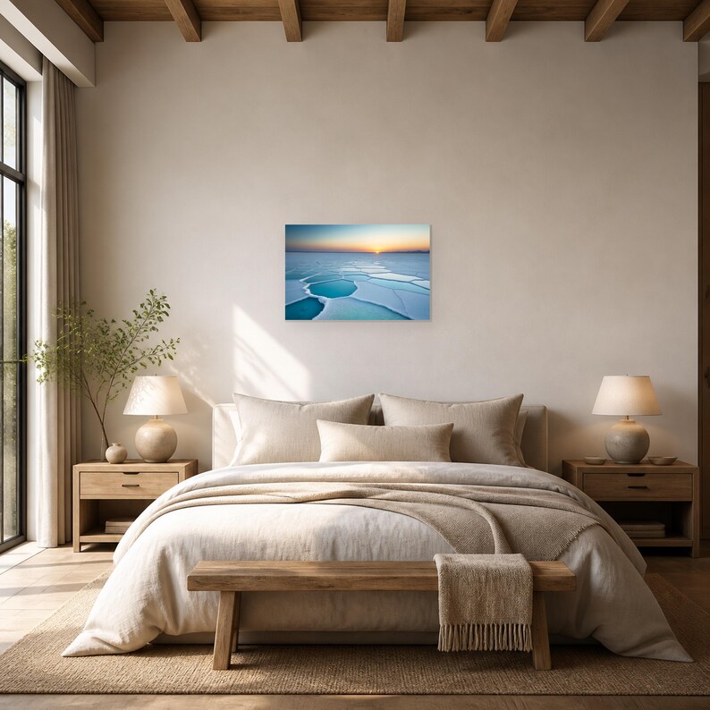 Frozen Salt Flats at Sunset - Canvas Wall Art shown as canvas wall art in a minimal bedroom mockup