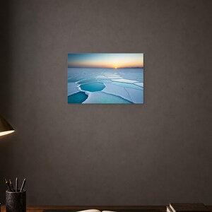 Frozen Salt Flats at Sunset - Canvas Wall Art shown as canvas wall art in a dark study mockup