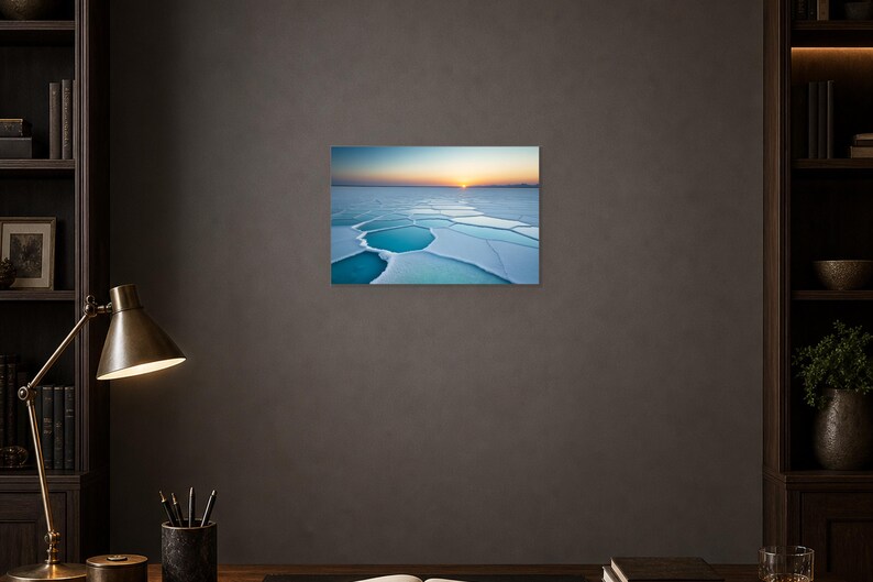 Frozen Salt Flats at Sunset - Canvas Wall Art shown as canvas wall art in a dark study mockup