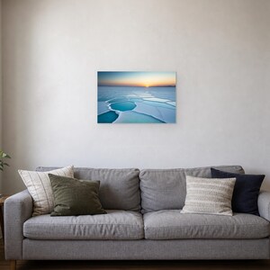Frozen Salt Flats at Sunset - Canvas Wall Art shown as canvas wall art in a living room sofa mockup
