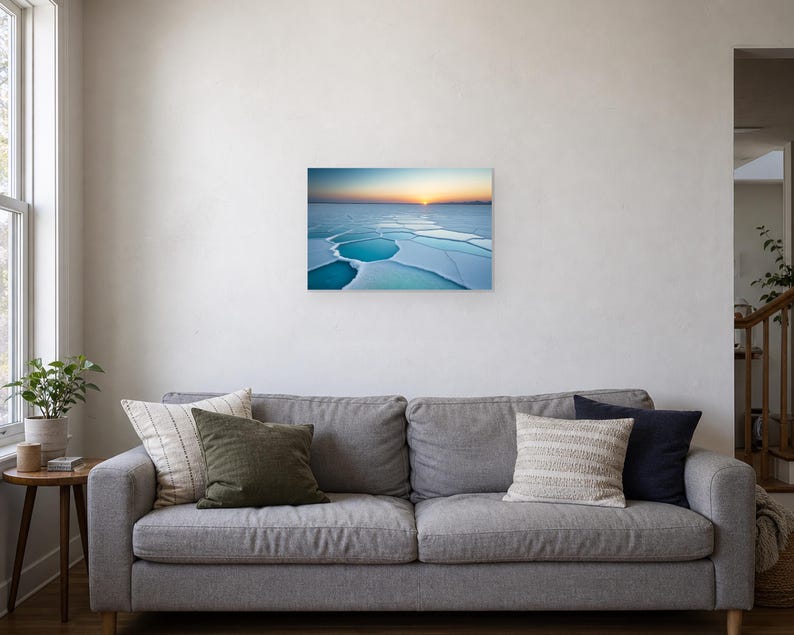 Frozen Salt Flats at Sunset - Canvas Wall Art shown as canvas wall art in a living room sofa mockup