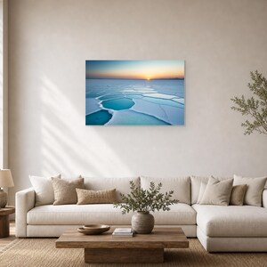 Frozen Salt Flats at Sunset - Canvas Wall Art shown as canvas wall art in a large sofa living room mockup