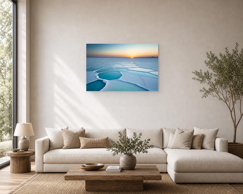 Frozen Salt Flats at Sunset - Canvas Wall Art shown as canvas wall art in a large sofa living room mockup